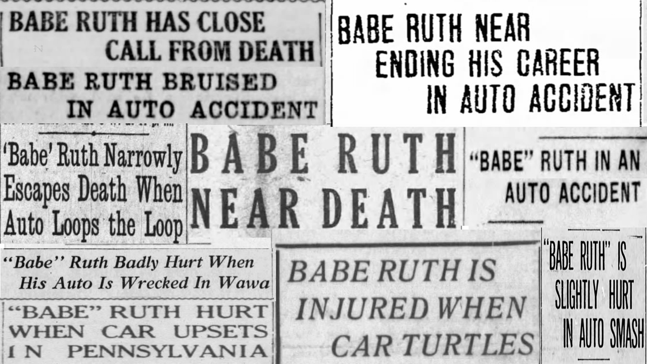 A collage of Babe Ruth headlines from newspapers at the time