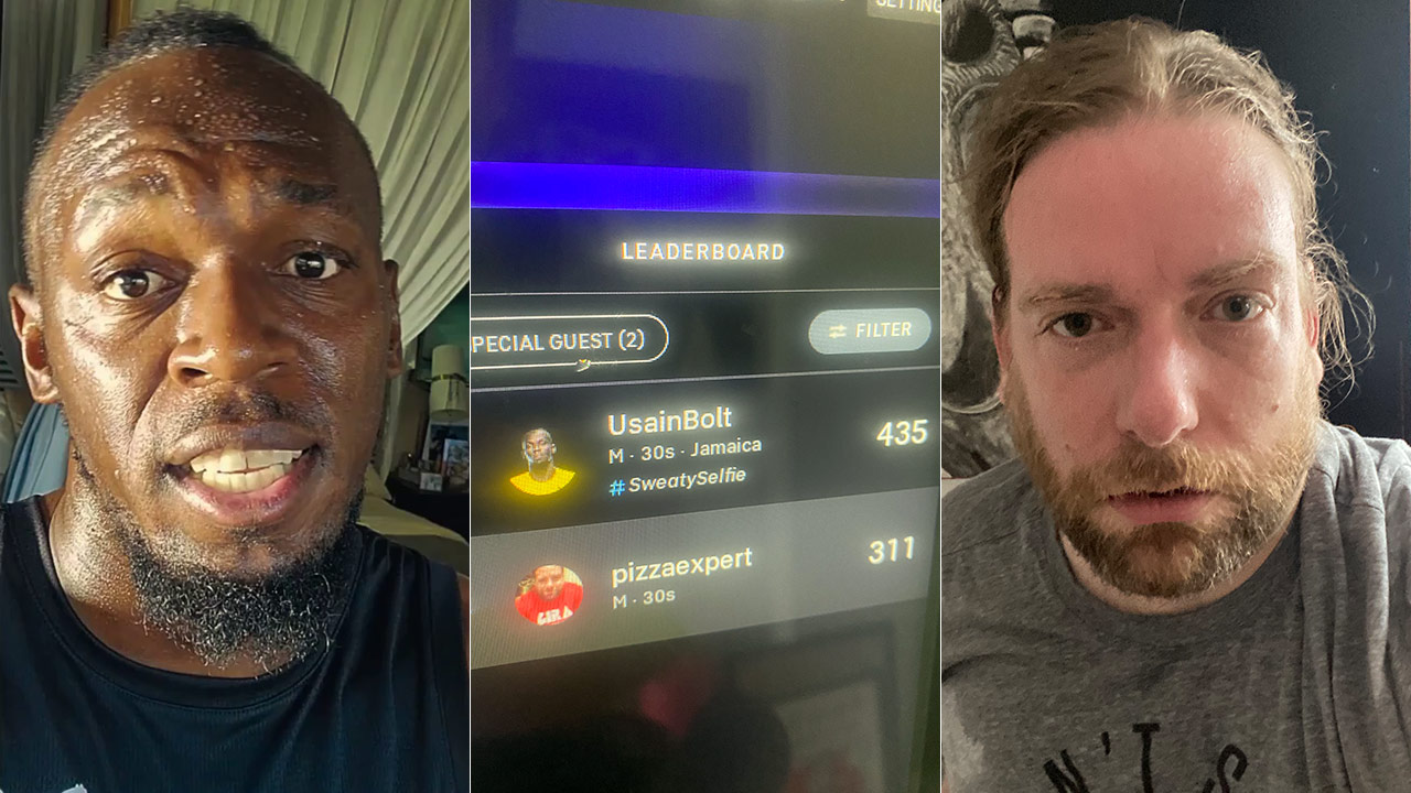 Triptych of Usain Bolt, the Peloton leaderboard (Usain wins 435-311) and me, Dan McQuade