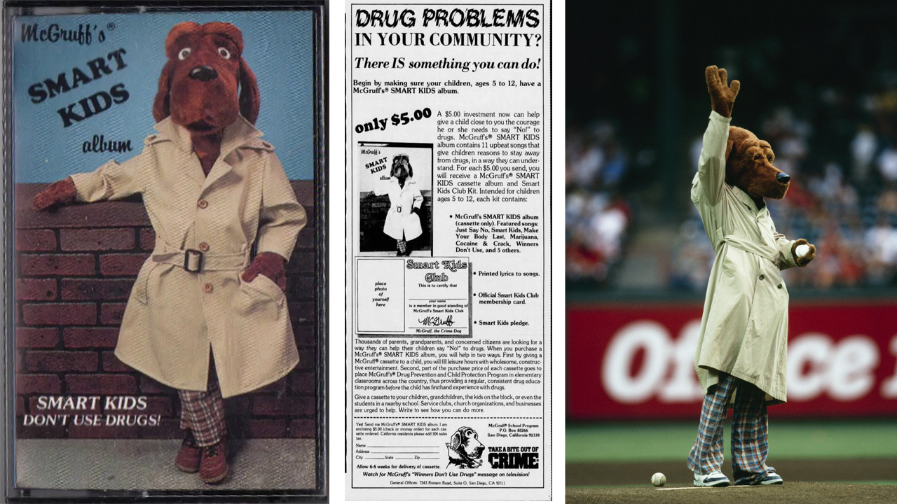 Triptych of McGruff, an ad promoting McGruff's album, and McGruff again