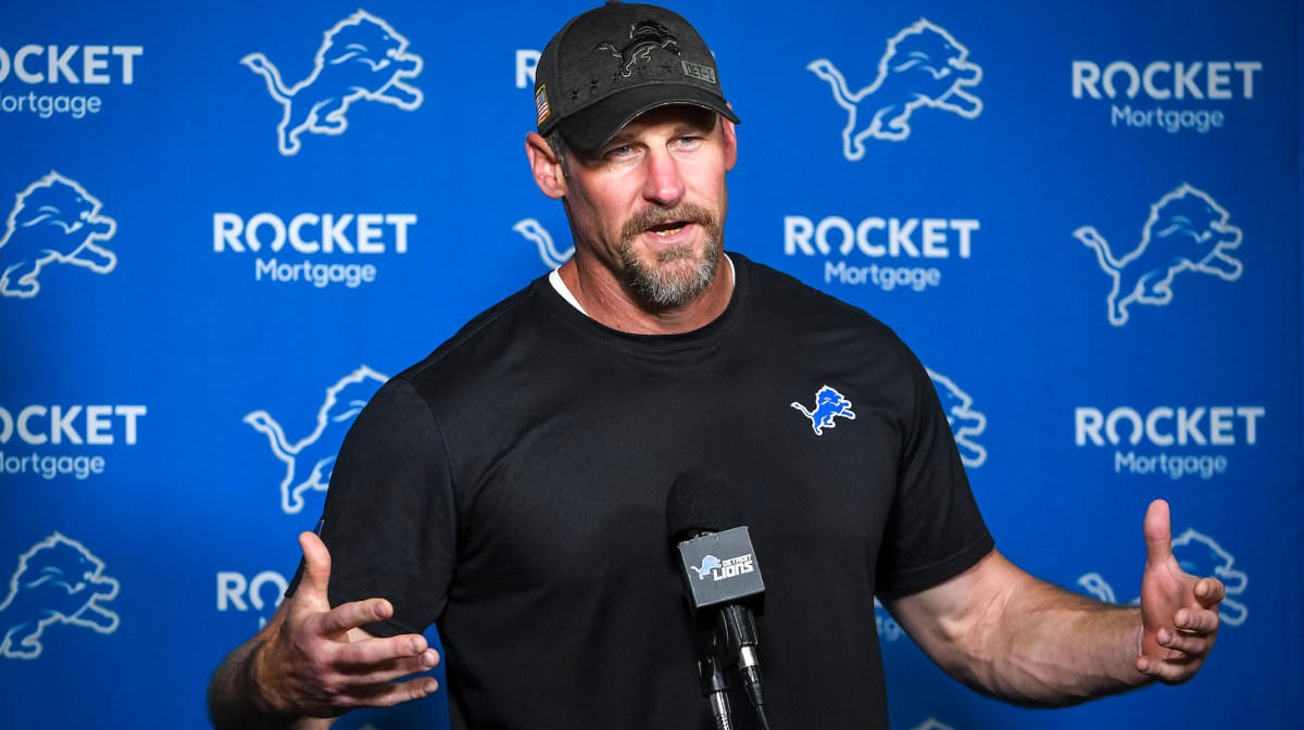 ALLEN PARK, MICHIGAN - JULY 28: Detroit Lions head football coach Dan Campbell speaks with the media before the Detroit Lions Training Camp on July 28, 2021 in Allen Park, Michigan. (Photo by Nic Antaya/Getty Images)