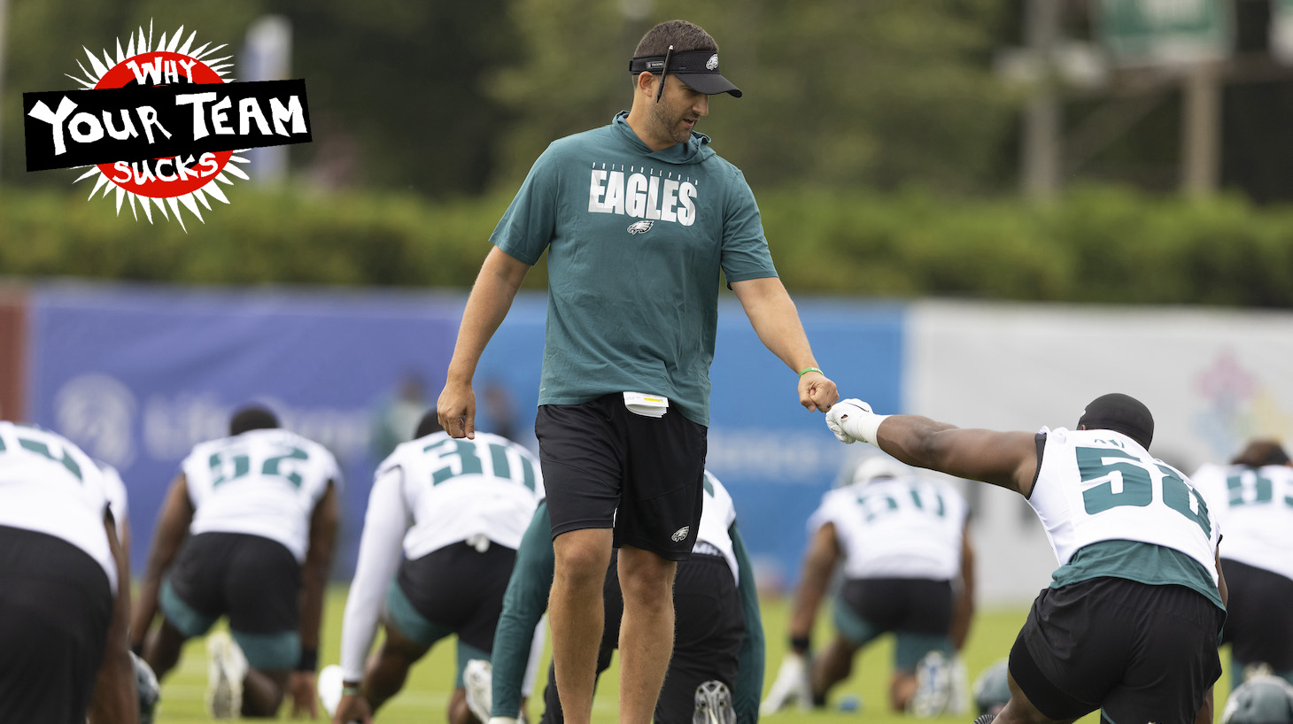 PHILADELPHIA, PA - JULY 29: Head coach Nick Sirianni of the Philadelphia Eagles fist bumps Genard Avery #58 during training camp at the NovaCare Complex on July 29, 2021 in Philadelphia, Pennsylvania. (Photo by Mitchell Leff/Getty Images)