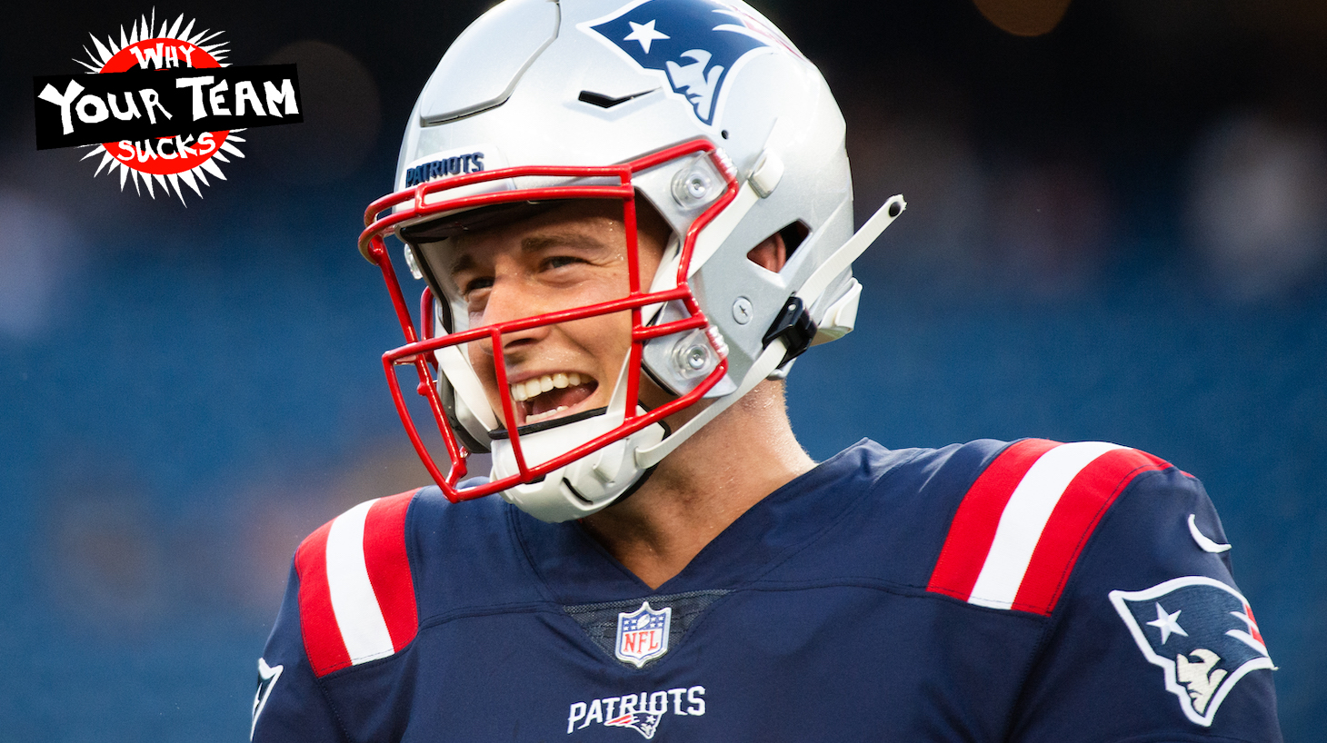 FOXBOROUGH, MA - AUGUST 12: Mac Jones #10 of the New England Patriots smiles during warm ups prior to the start of the game against the Washington Football Team at Gillette Stadium on August 12, 2021 in Foxborough, Massachusetts. (Photo by Kathryn Riley/Getty Images)