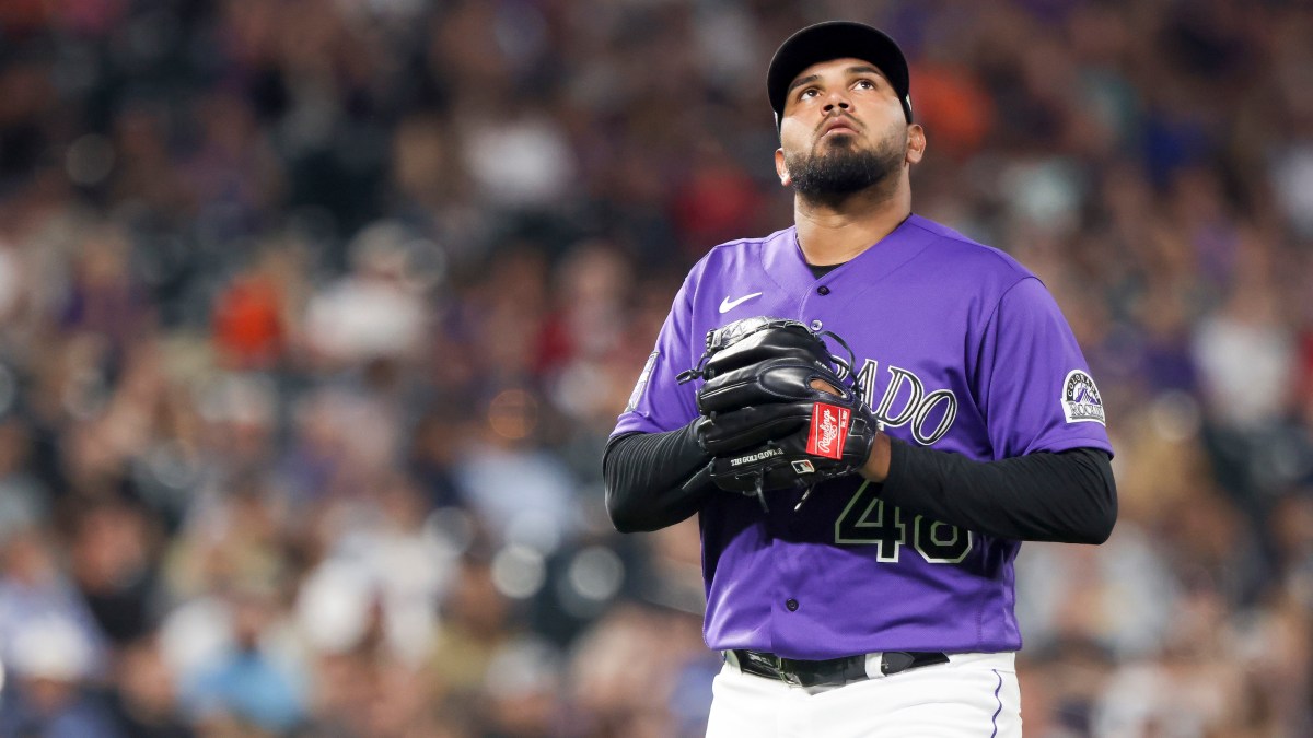 German Marquez #48 of the Colorado Rockies leaves the game after allowing three home runs by the San Diego Padres during the seventh inning at Coors Field on August 17, 2021 in Denver, Colorado.