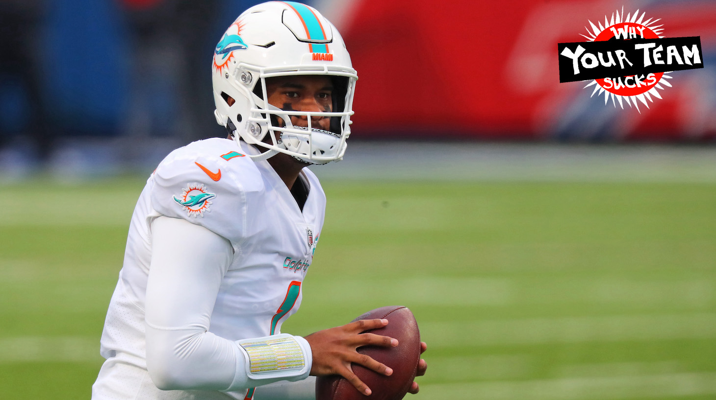 ORCHARD PARK, NEW YORK - JANUARY 03: Tua Tagovailoa #1 of the Miami Dolphins warms up before the game against the Buffalo Bills at Bills Stadium on January 03, 2021 in Orchard Park, New York. (Photo by Timothy T Ludwig/Getty Images)