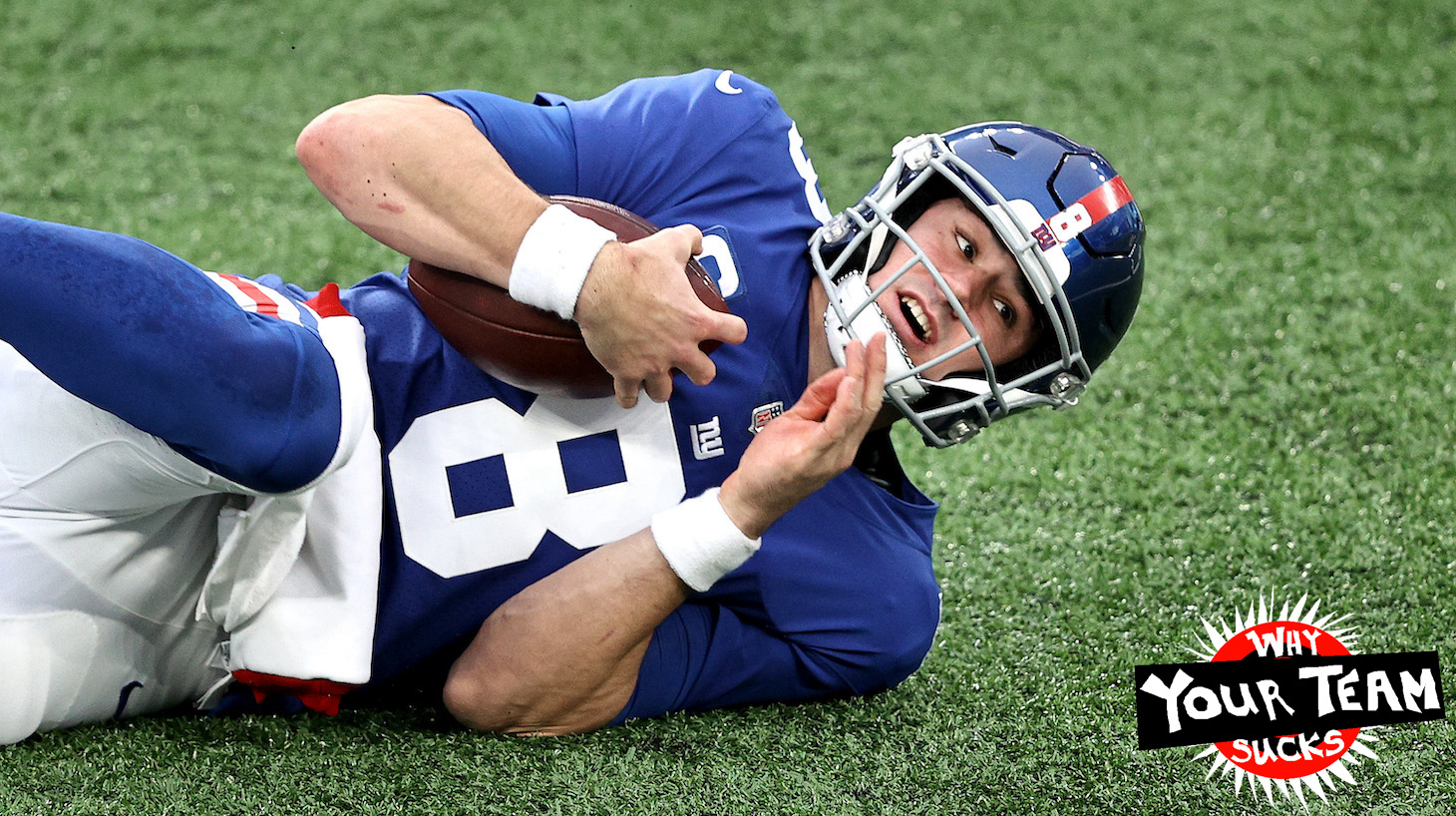 EAST RUTHERFORD, NEW JERSEY - JANUARY 03: Daniel Jones #8 of the New York Giants reacts after being tackled against the Dallas Cowboys during the first quarter at MetLife Stadium on January 03, 2021 in East Rutherford, New Jersey. (Photo by Elsa/Getty Images)