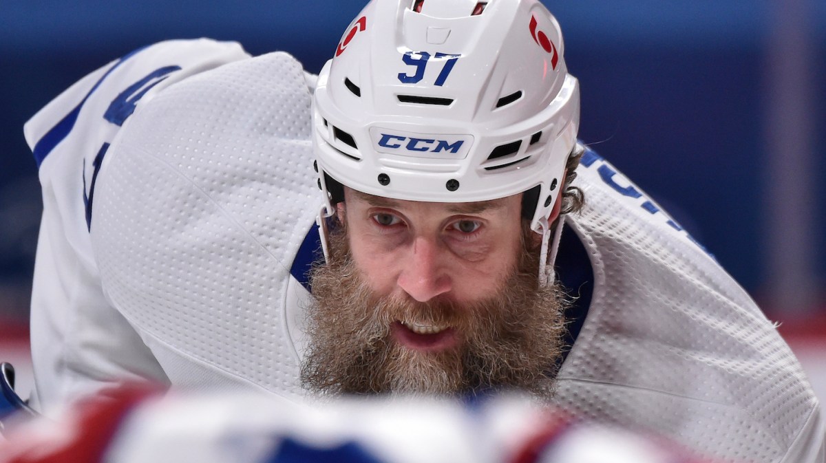 MONTREAL, QC - MAY 03: Joe Thornton #97 of the Toronto Maple Leafs skates against the Montreal Canadiens during the third period at the Bell Centre on May 3, 2021 in Montreal, Canada. The Montreal Canadiens defeated the Toronto Maple Leafs 3-2 in overtime. (Photo by Minas Panagiotakis/Getty Images)