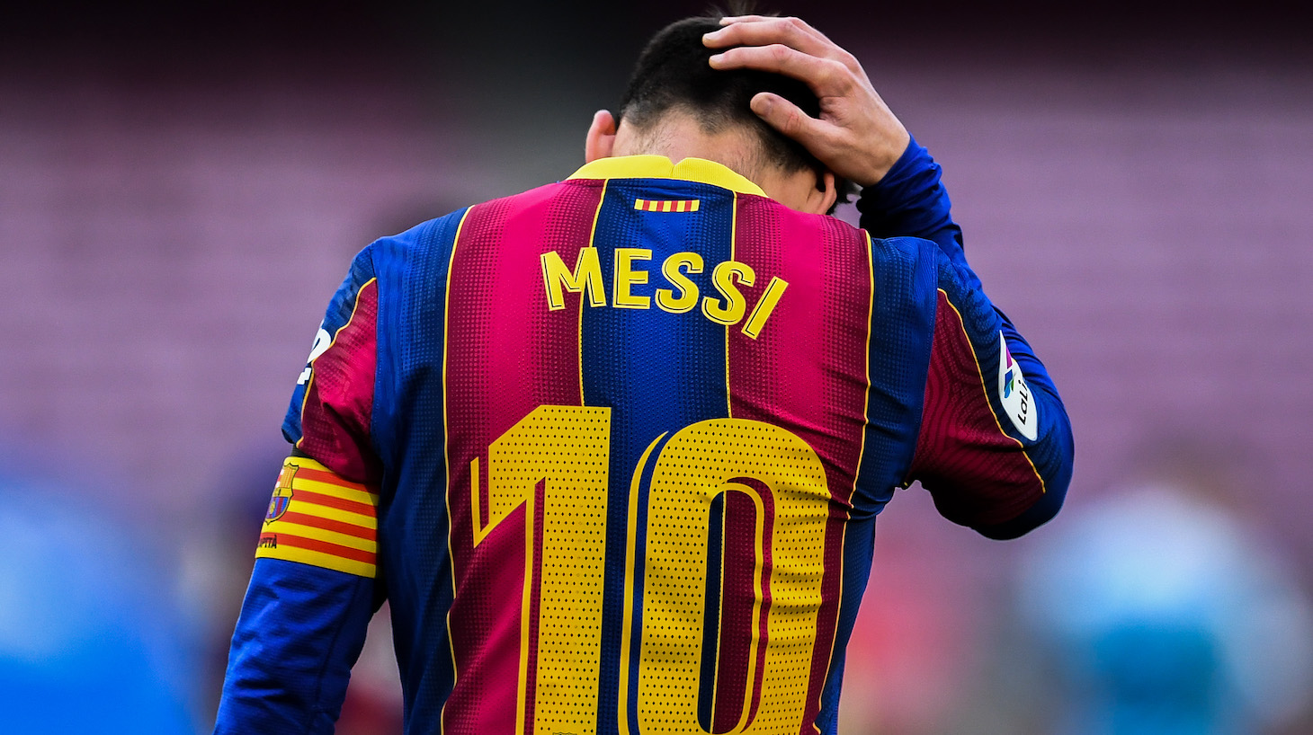 Lionel Messi of FC Barcelona shows his dejection during the La Liga Santander match between FC Barcelona and RC Celta at Camp Nou on May 16, 2021 in Barcelona, Spain. Sporting stadiums around Spain remain under strict restrictions due to the Coronavirus Pandemic as Government social distancing laws prohibit fans inside venues resulting in games being played behind closed doors.
