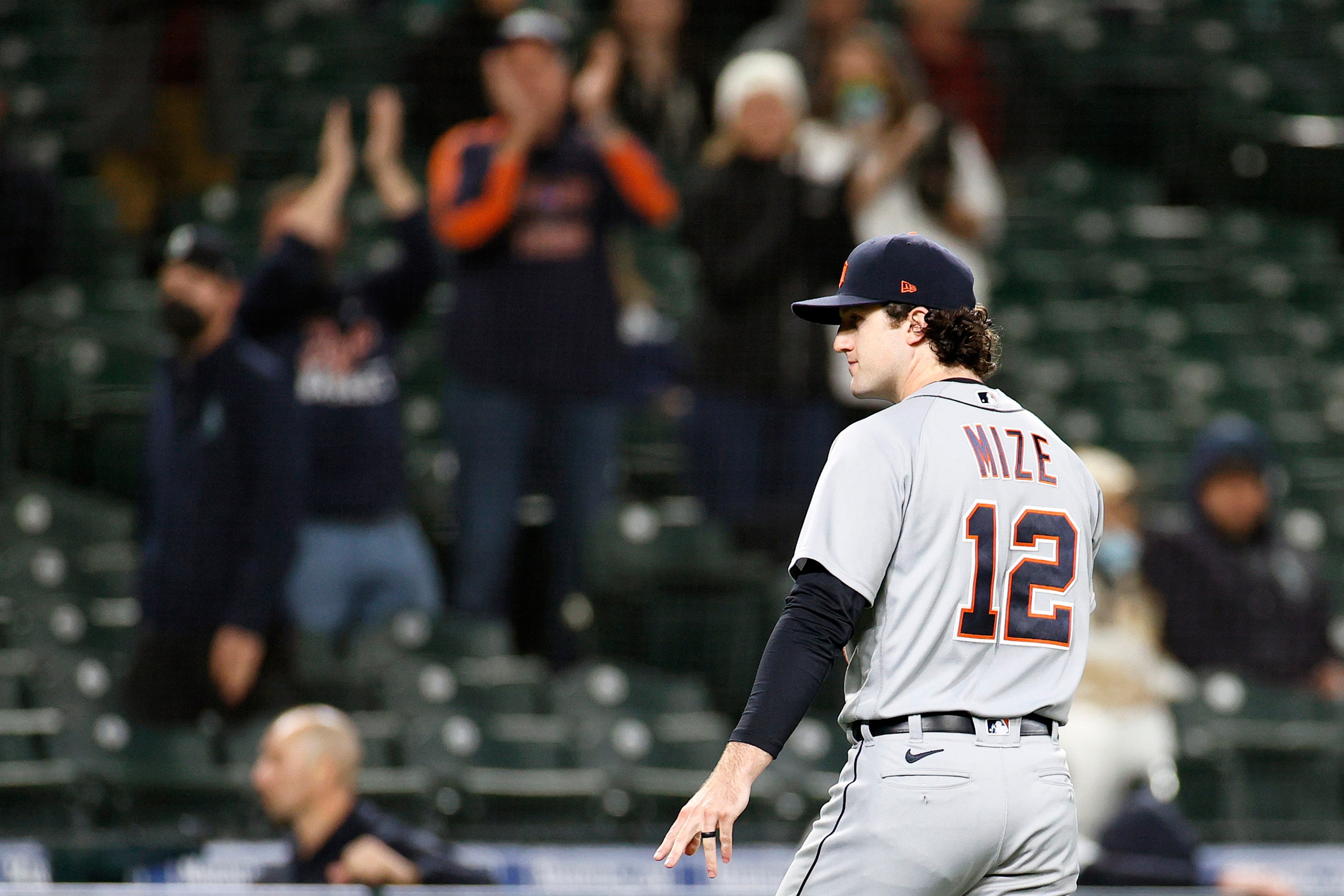 Casey Mize #12 of the Detroit Tigers gestures after he was taken out of the game during the eighth inning against the Seattle Mariners at T-Mobile Park on May 17, 2021 in Seattle, Washington.