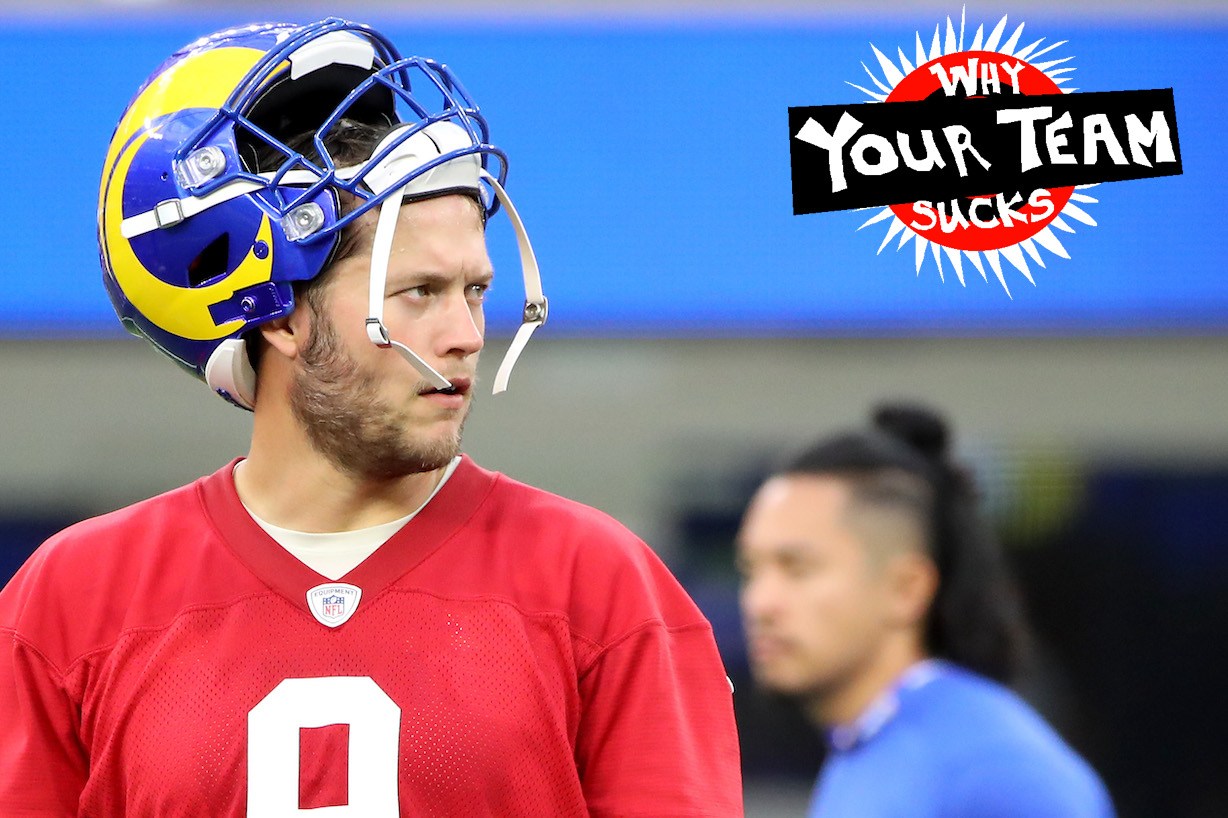 INGLEWOOD, CALIFORNIA - JUNE 10: Matthew Stafford #9 of the Los Angeles Rams looks on during open practice at SoFi Stadium on June 10, 2021 in Inglewood, California. (Photo by Katelyn Mulcahy/Getty Images)