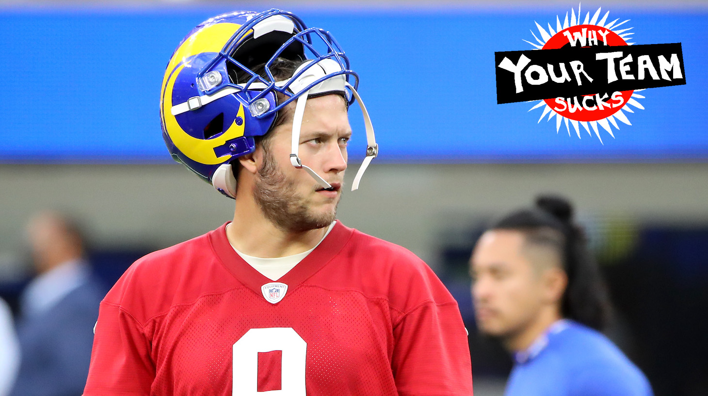 INGLEWOOD, CALIFORNIA - JUNE 10: Matthew Stafford #9 of the Los Angeles Rams looks on during open practice at SoFi Stadium on June 10, 2021 in Inglewood, California. (Photo by Katelyn Mulcahy/Getty Images)