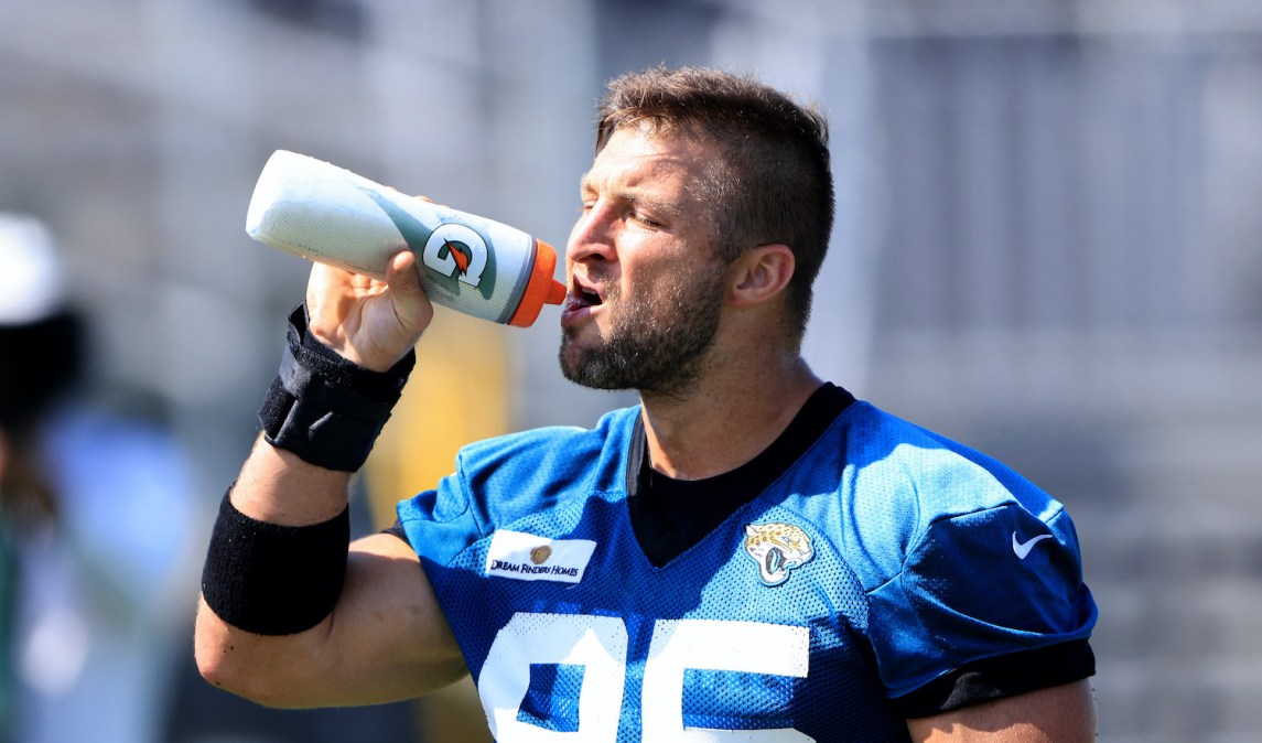 JACKSONVILLE, FLORIDA - JUNE 15: Tim Tebow #85 of the Jacksonville Jaguars as seen during Jacksonville Jaguars Mandatory Minicamp at TIAA Bank Field on June 15, 2021 in Jacksonville, Florida. (Photo by Sam Greenwood/Getty Images)