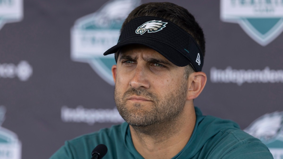 PHILADELPHIA, PA - JULY 28: Head coach Nick Sirianni of the Philadelphia Eagles talks to the media during training camp at the NovaCare Complex on July 28, 2021 in Philadelphia, Pennsylvania. (Photo by Mitchell Leff/Getty Images)