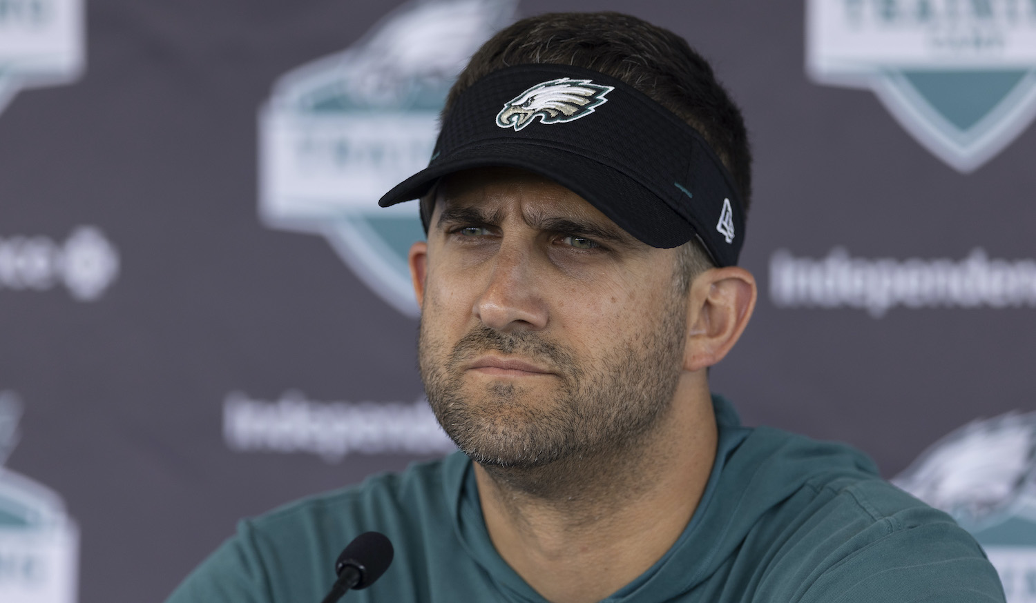 PHILADELPHIA, PA - JULY 28: Head coach Nick Sirianni of the Philadelphia Eagles talks to the media during training camp at the NovaCare Complex on July 28, 2021 in Philadelphia, Pennsylvania. (Photo by Mitchell Leff/Getty Images)