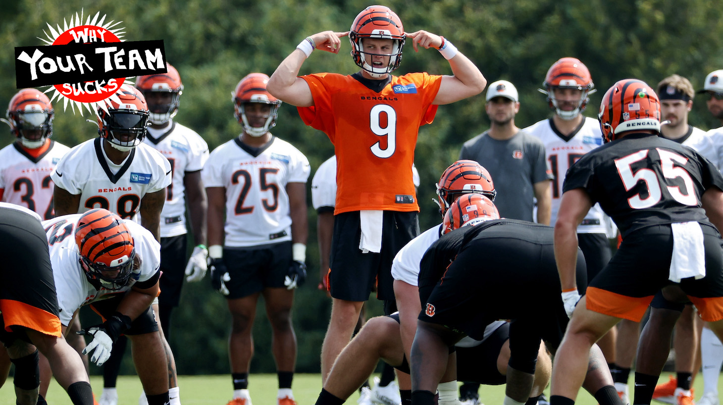 CINCINNATI, OHIO - JULY 28: Joe Burrow #9 of the Cincinnati Bengals calls out instructions during training camp on July 28, 2021 in Cincinnati, Ohio. (Photo by Dylan Buell/Getty Images)