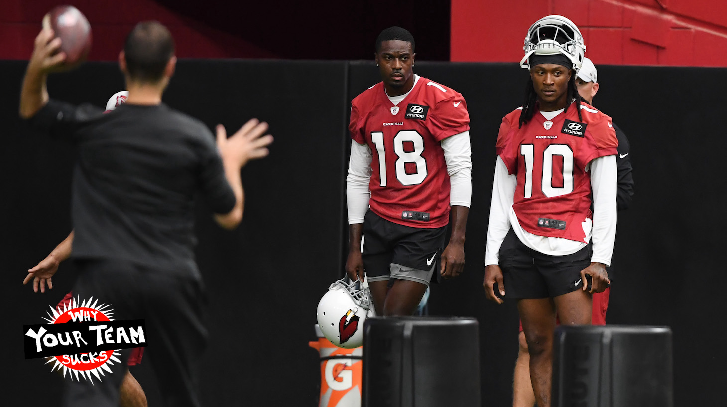GLENDALE, ARIZONA - JULY 28: DeAndre Hopkins #10 and A.J. Green #18 of the Arizona Cardinals look on during passing drills at Training Camp at State Farm Stadium on July 28, 2021 in Glendale, Arizona. (Photo by Norm Hall/Getty Images)