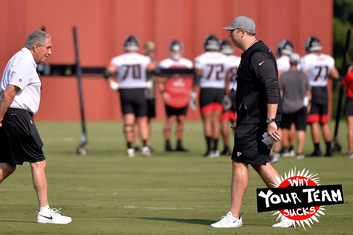 FLOWERY BRANCH, GA - JULY 29: Team owner Arthur Blank (l) of the Atlanta Falcons walks toward Head Coach Arthur Smith on the first day of training camp at IBM Performance Field on July 29, 2021 in Flowery Branch, Georgia. (Photo by Edward M. Pio Roda/Getty Images)