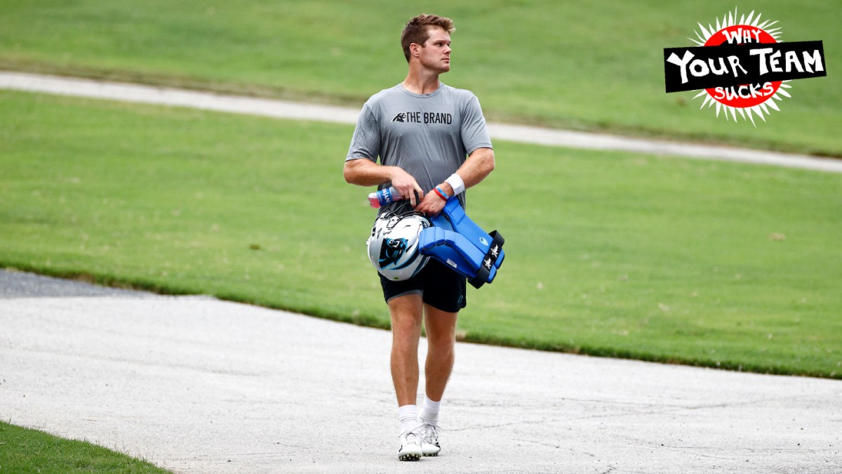 SPARTANBURG, SOUTH CAROLINA - JULY 30: Sam Darnold #14 of the Carolina Panthers walks the field prior to Panthers Training Camp at Wofford College on July 30, 2021 in Spartanburg, South Carolina. (Photo by Jared C. Tilton/Getty Images)