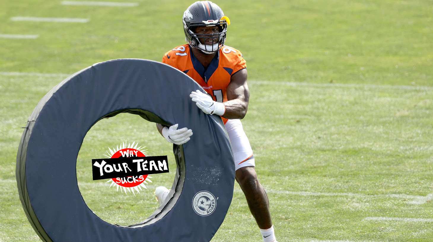 ENGLEWOOD, COLORADO - JULY 30: Andre Mintze #91 practices during the Denver Broncos Training Camp at UCHealth Training Center on July 30, 2021 in Englewood, Colorado. (Photo by Matthew Stockman/Getty Images)