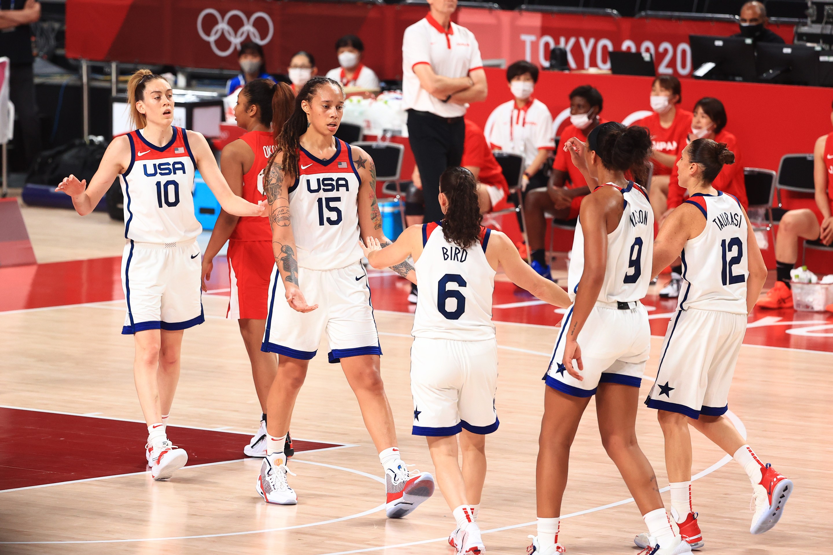Team United States celebrates their lead against Team Japan in the Women's Basketball final game on day sixteen of the 2020 Tokyo Olympic games at Saitama Super Arena on August 08, 2021 in Saitama, Japan.