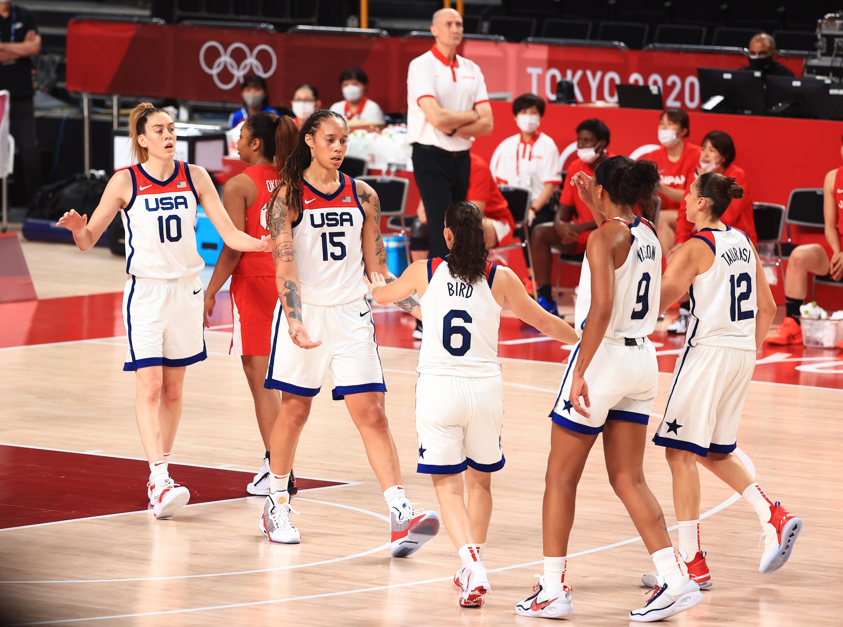 Team United States celebrates their lead against Team Japan in the Women's Basketball final game on day sixteen of the 2020 Tokyo Olympic games at Saitama Super Arena on August 08, 2021 in Saitama, Japan.