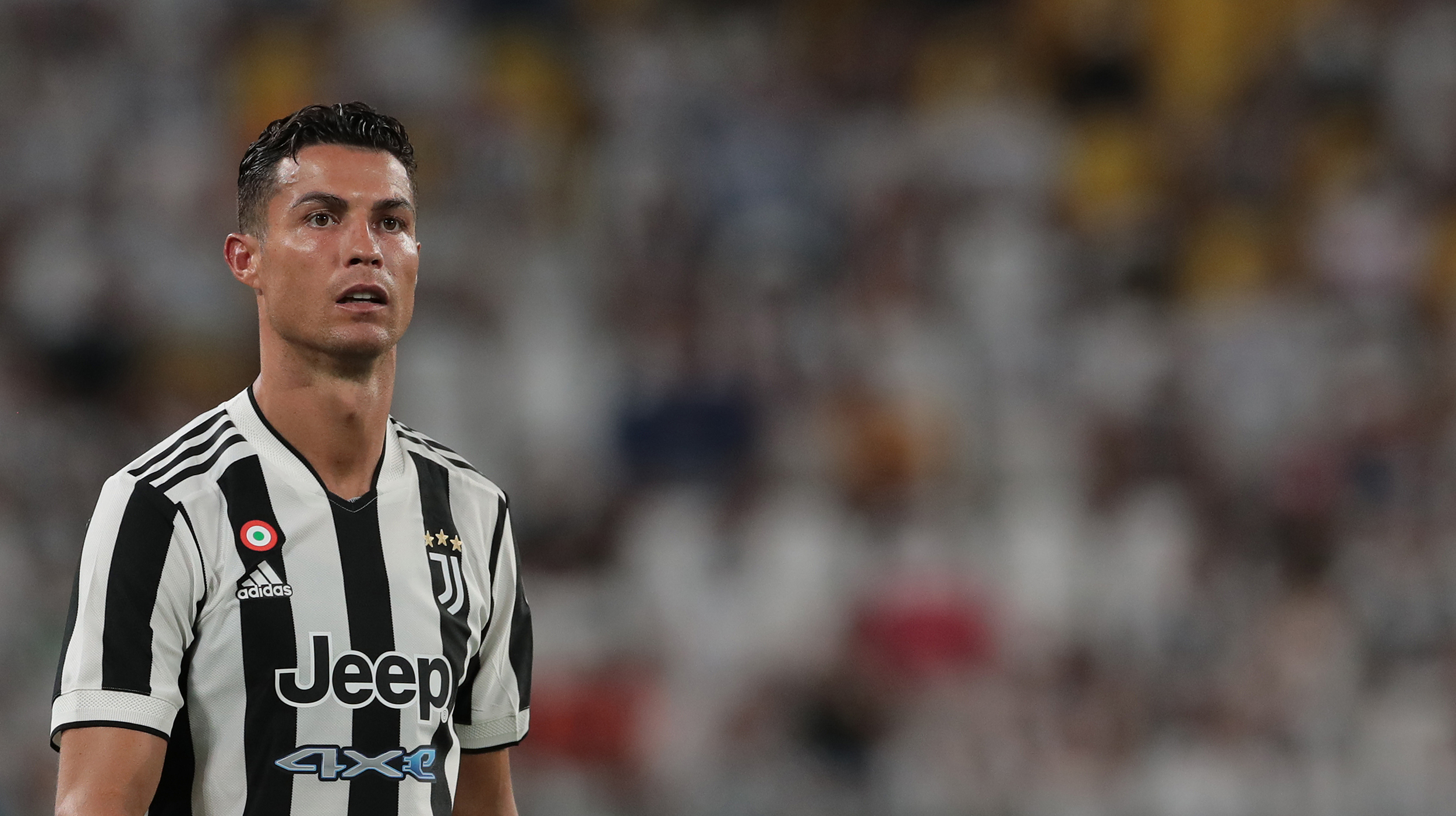 Cristiano Ronaldo of Juventus looks on during the pre-season friendly match between Juventus and Atalanta BC at Allianz Stadium on August 14, 2021 in Turin, Italy.