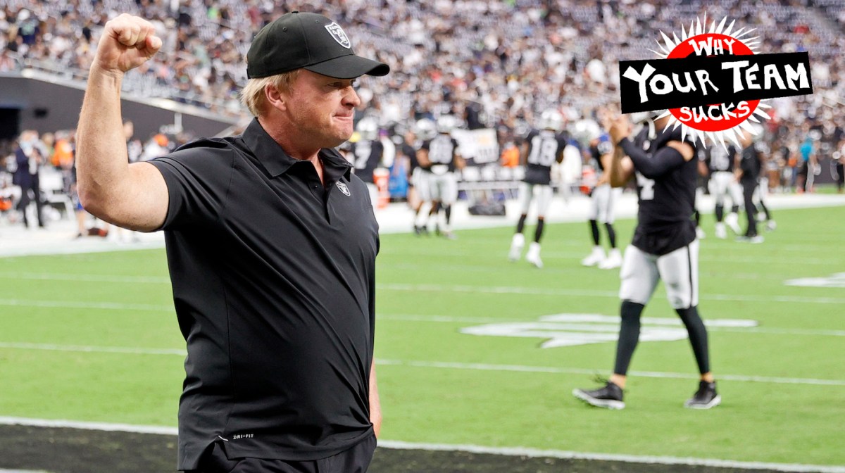 LAS VEGAS, NEVADA - AUGUST 14: Head coach Jon Gruden of the Las Vegas Raiders reacts to the crowd during warmups before a preseason game against the Seattle Seahawks at Allegiant Stadium on August 14, 2021 in Las Vegas, Nevada. The Raiders defeated the Seahawks 20-7. (Photo by Ethan Miller/Getty Images)
