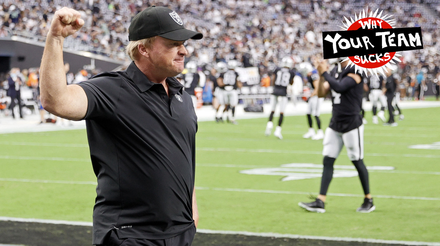 LAS VEGAS, NEVADA - AUGUST 14: Head coach Jon Gruden of the Las Vegas Raiders reacts to the crowd during warmups before a preseason game against the Seattle Seahawks at Allegiant Stadium on August 14, 2021 in Las Vegas, Nevada. The Raiders defeated the Seahawks 20-7. (Photo by Ethan Miller/Getty Images)