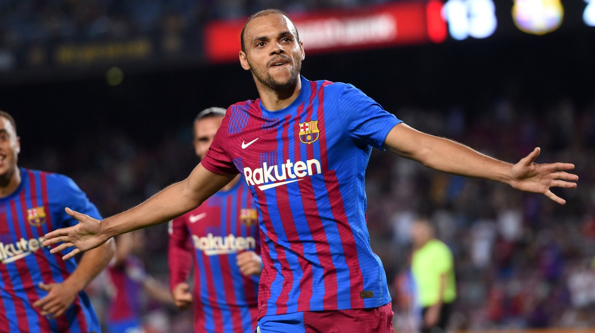 Martin Braithwaite of FC Barcelona celebrates after scoring their team's third goal during the LaLiga Santander match between FC Barcelona and Real Sociedad at Camp Nou on August 15, 2021 in Barcelona