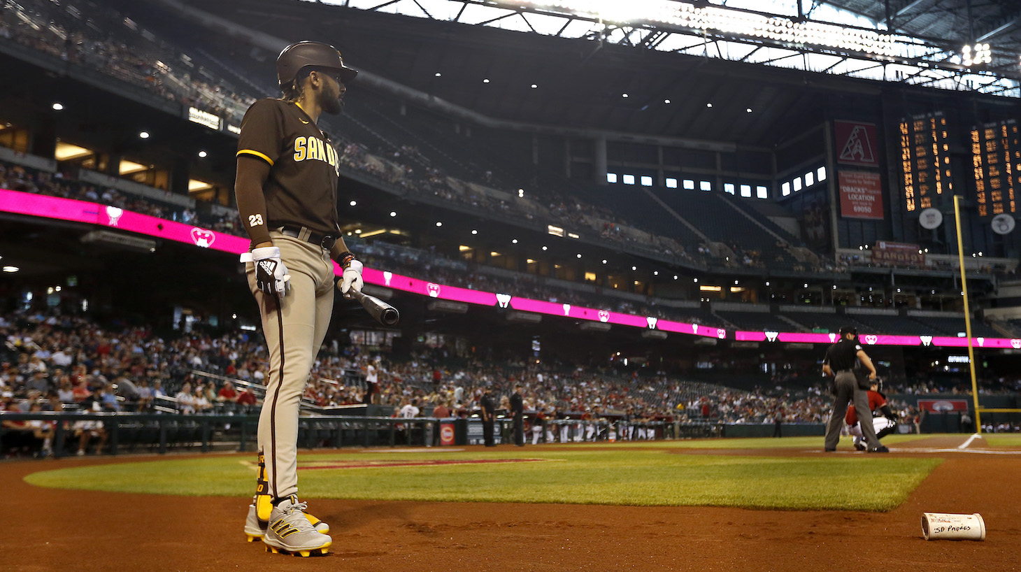 PHOENIX, ARIZONA - AUGUST 15: Fernando Tatis Jr #23 of the San Diego Padres waits to bat against the Arizona Diamondbacks during the first inning of the MLB game at Chase Field on August 15, 2021 in Phoenix, Arizona. (Photo by Ralph Freso/Getty Images)