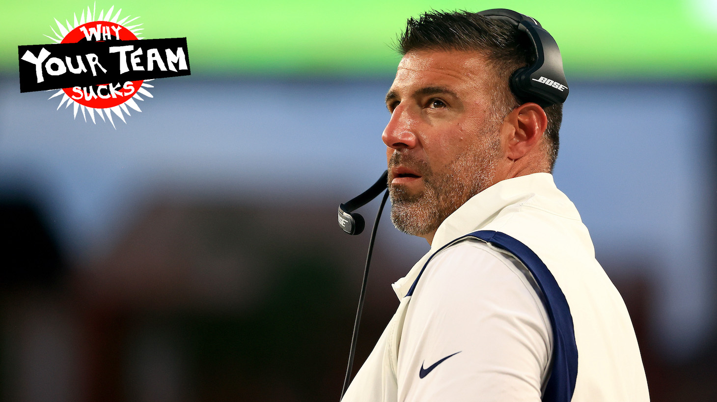 TAMPA, FLORIDA - AUGUST 21: Head coach Mike Vrabel of the Tennessee Titans looks on during a preseason game against the Tampa Bay Buccaneers at Raymond James Stadium on August 21, 2021 in Tampa, Florida. (Photo by Mike Ehrmann/Getty Images)