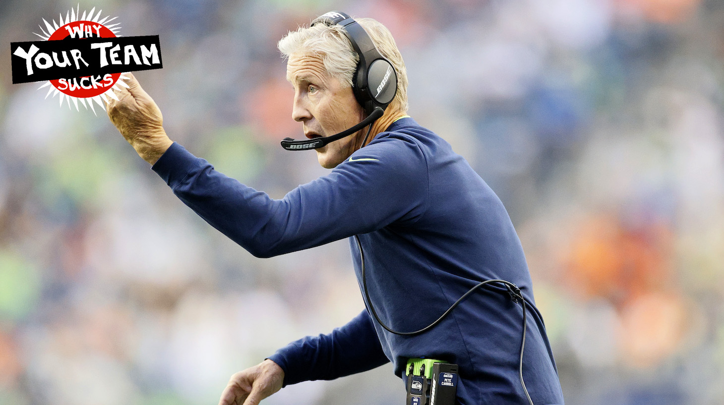 SEATTLE, WASHINGTON - AUGUST 21: Head coach Pete Carroll of the Seattle Seahawks reacts in the first quarter during an NFL preseason game against the Denver Broncos at Lumen Field on August 21, 2021 in Seattle, Washington. The Denver Broncos beat the Seattle Seahawks 30-3. (Photo by Steph Chambers/Getty Images)