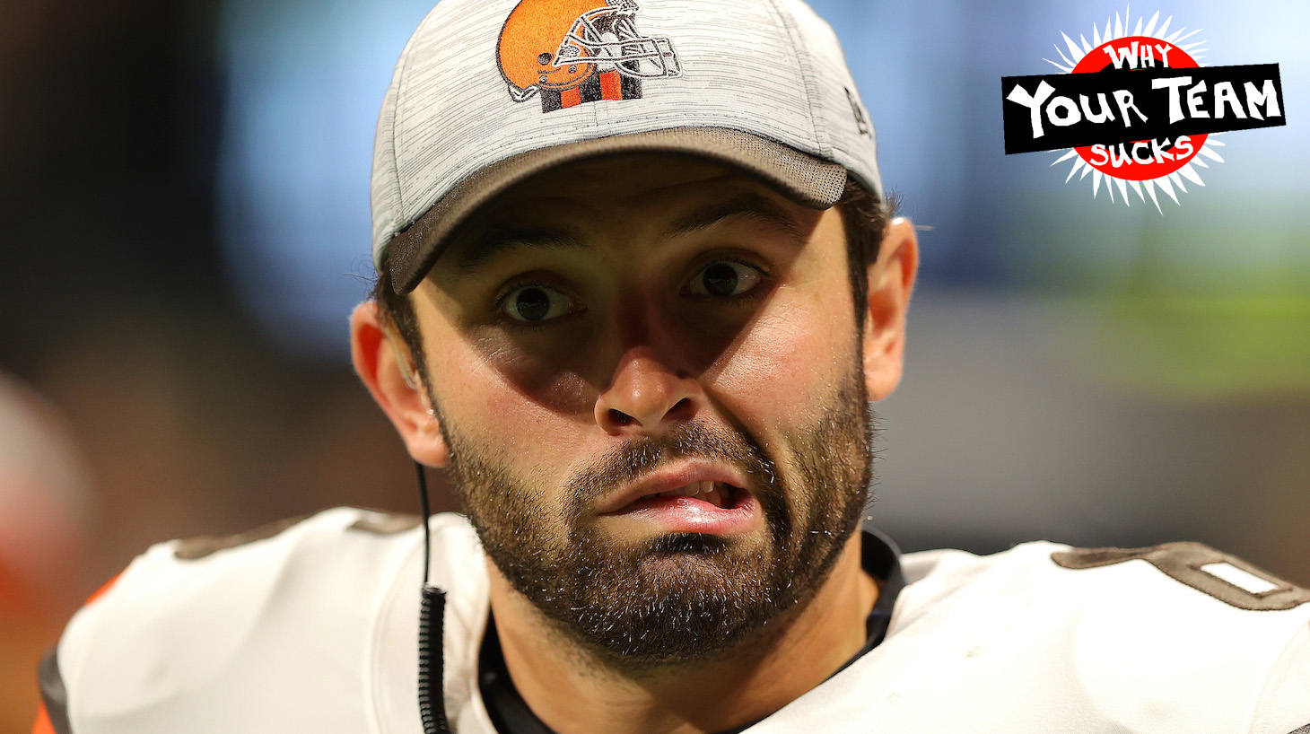 ATLANTA, GEORGIA - AUGUST 29: Baker Mayfield #6 of the Cleveland Browns reacts on the sideline during the first half against the Atlanta Falcons at Mercedes-Benz Stadium on August 29, 2021 in Atlanta, Georgia. (Photo by Kevin C. Cox/Getty Images)