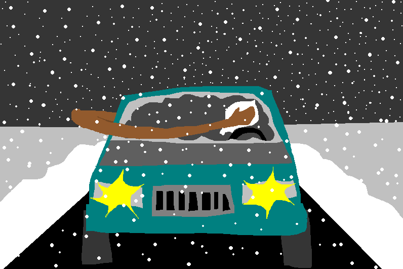 A drawing of Giannis cleaning the windshield from the interior of the car.