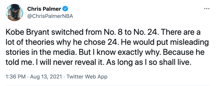 Chris Palmer claiming only he knows why Kobe Bryant changed jersey numbers from 8 to 24 after the 2004-05 NBA seaason