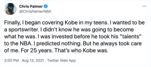 Chris Palmer claiming that Kobe Bryant "always took care" of him, presumably as an explanation for his earlier insane boast