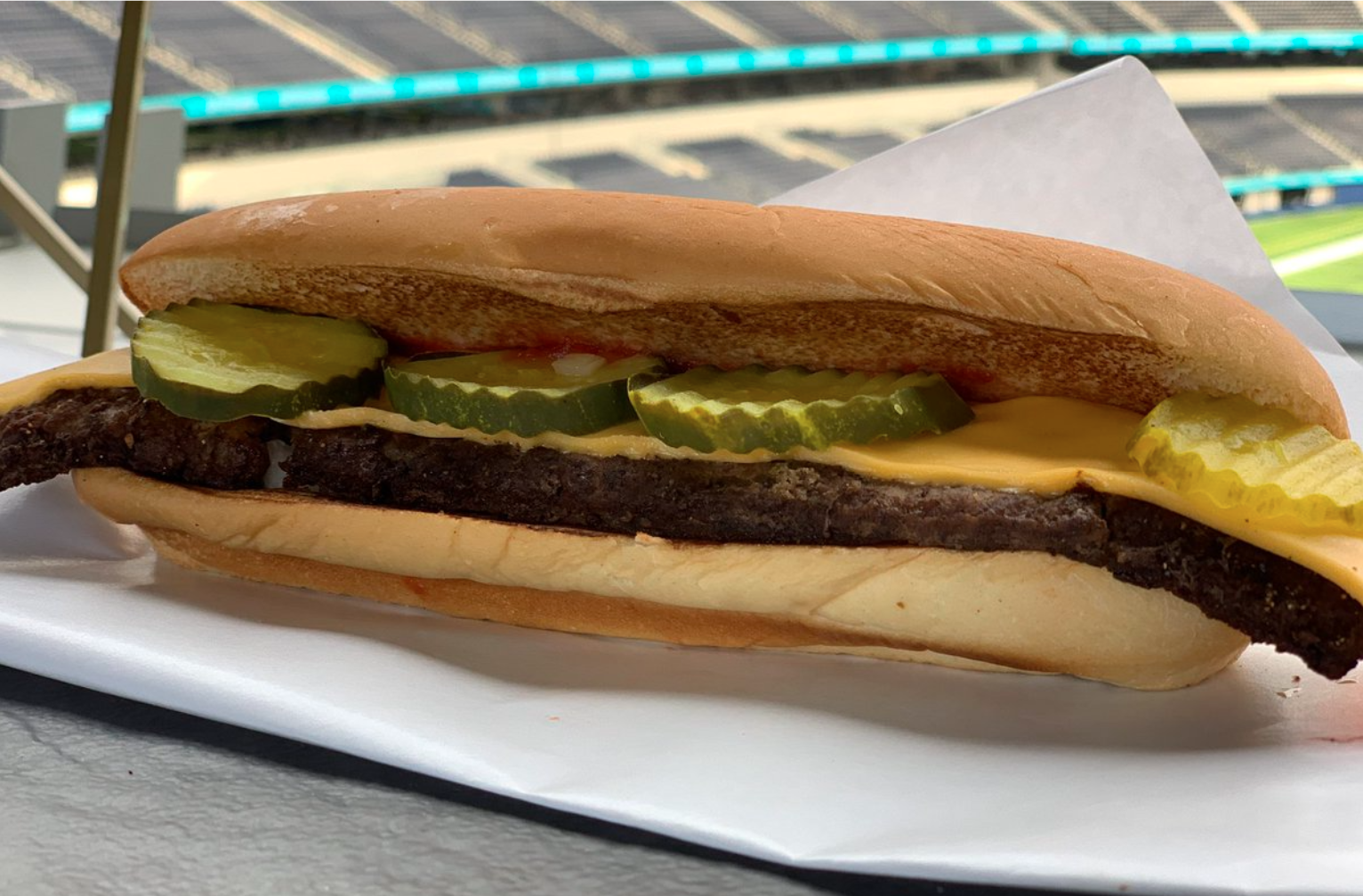 Hamburger in a hotdog bun, SoFi stadium food. : r/shittyfoodporn