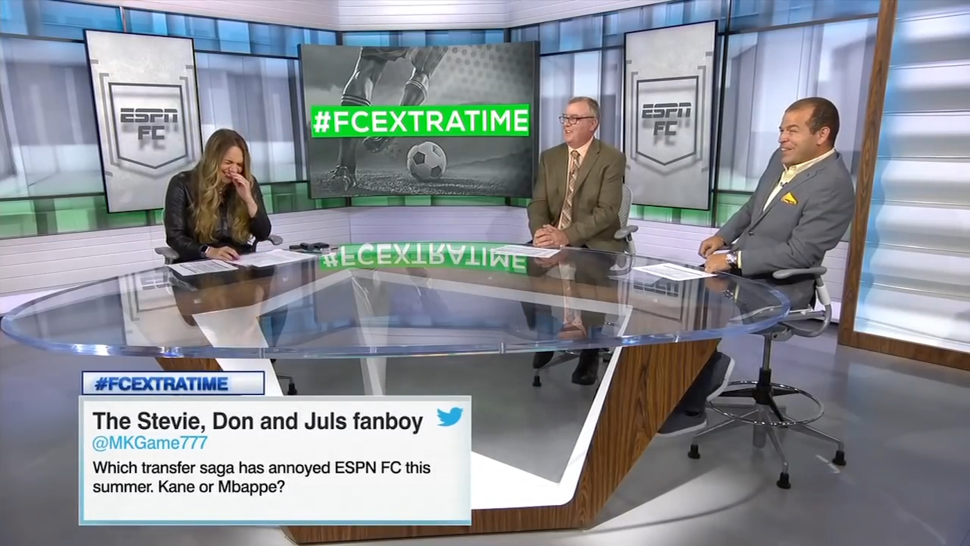 ESPN FC's Kay Murray and Alejandro Moreno laugh after Steve Nicol farts.
