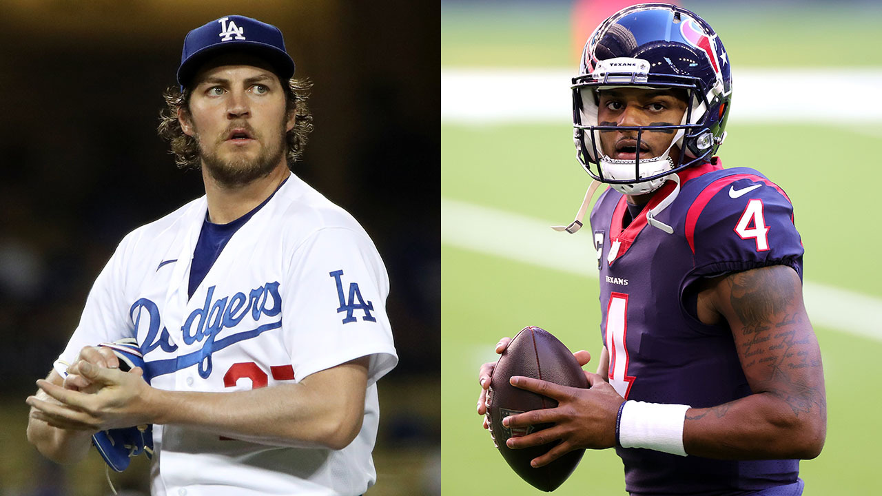 A photo of Trevor Bauer and Deshaun Watson.