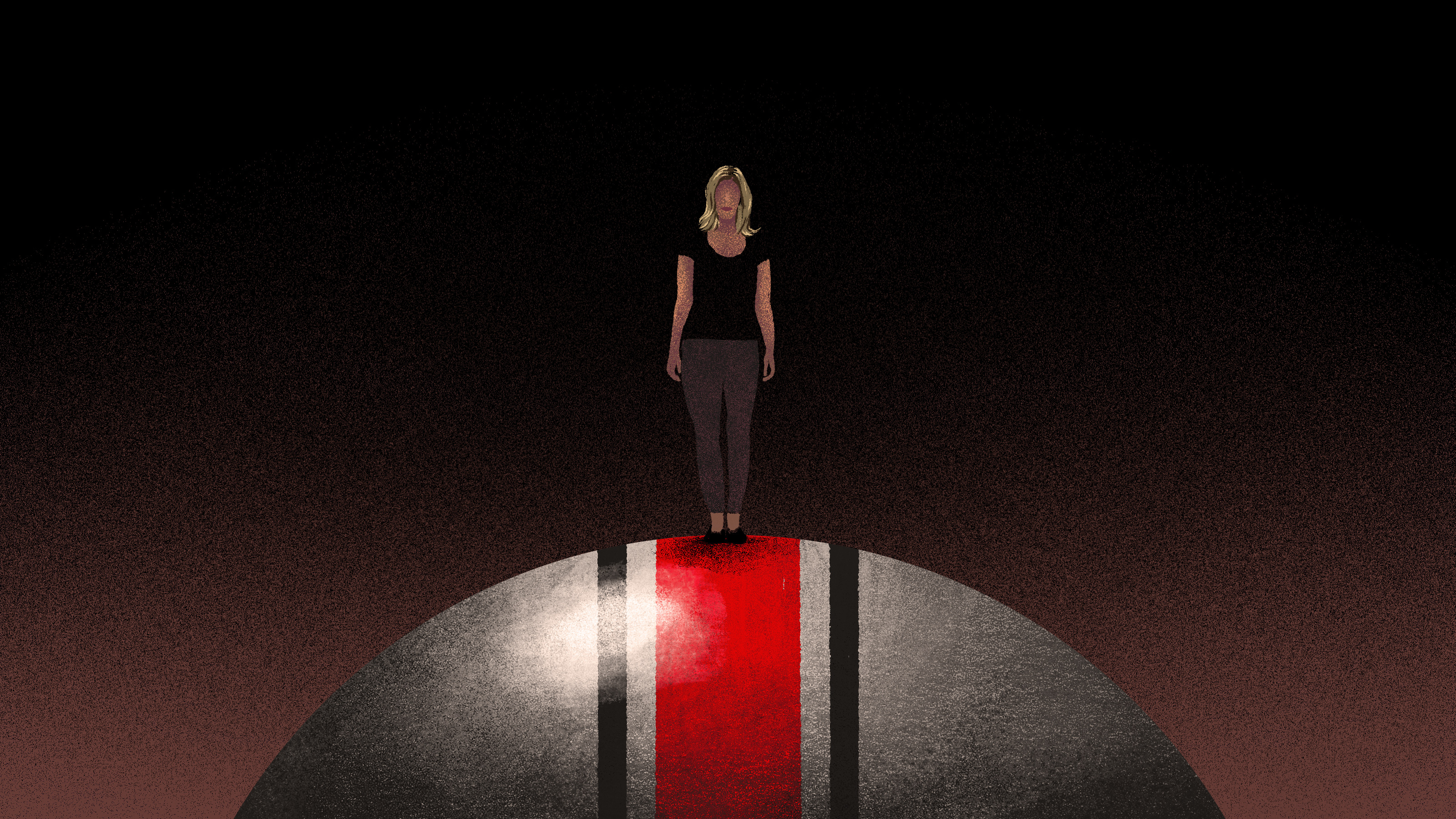 An image of a woman standing atop an Ohio State football helmet. She is very small, while the helmet fills the frame. Behind her is darkness.