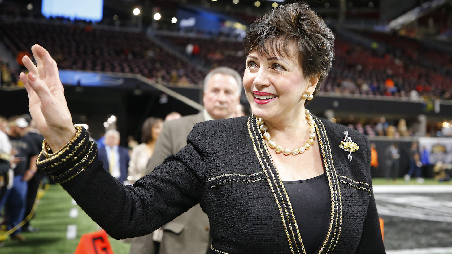 ATLANTA, GEORGIA - NOVEMBER 28: Owner Gayle Benson of the New Orleans Saints walks on the field prior to the game against the Atlanta Falcons at Mercedes-Benz Stadium on November 28, 2019 in Atlanta, Georgia. (Photo by Todd Kirkland/Getty Images)