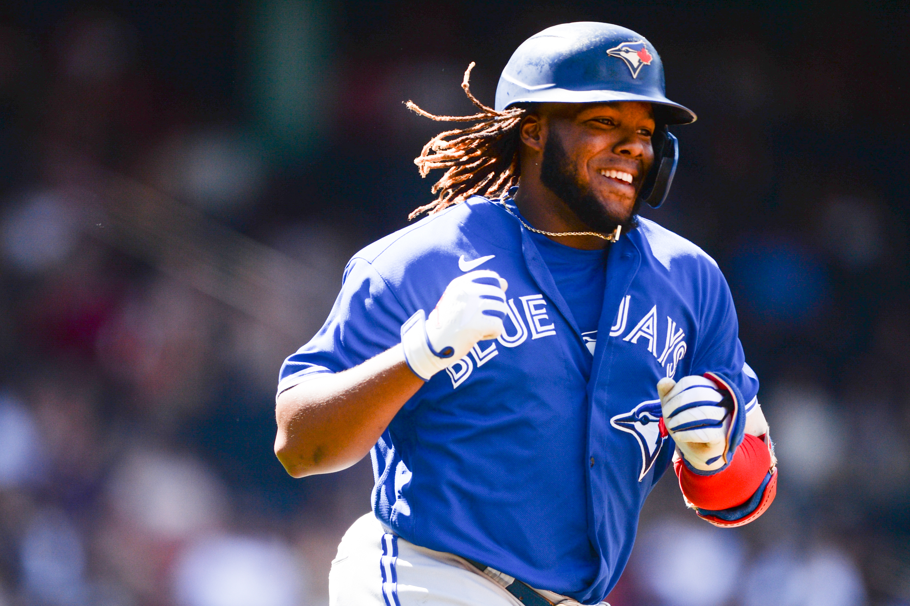 Vladimir Guerrero Jr. celebrates hitting a homer against the Boston Red Sox.