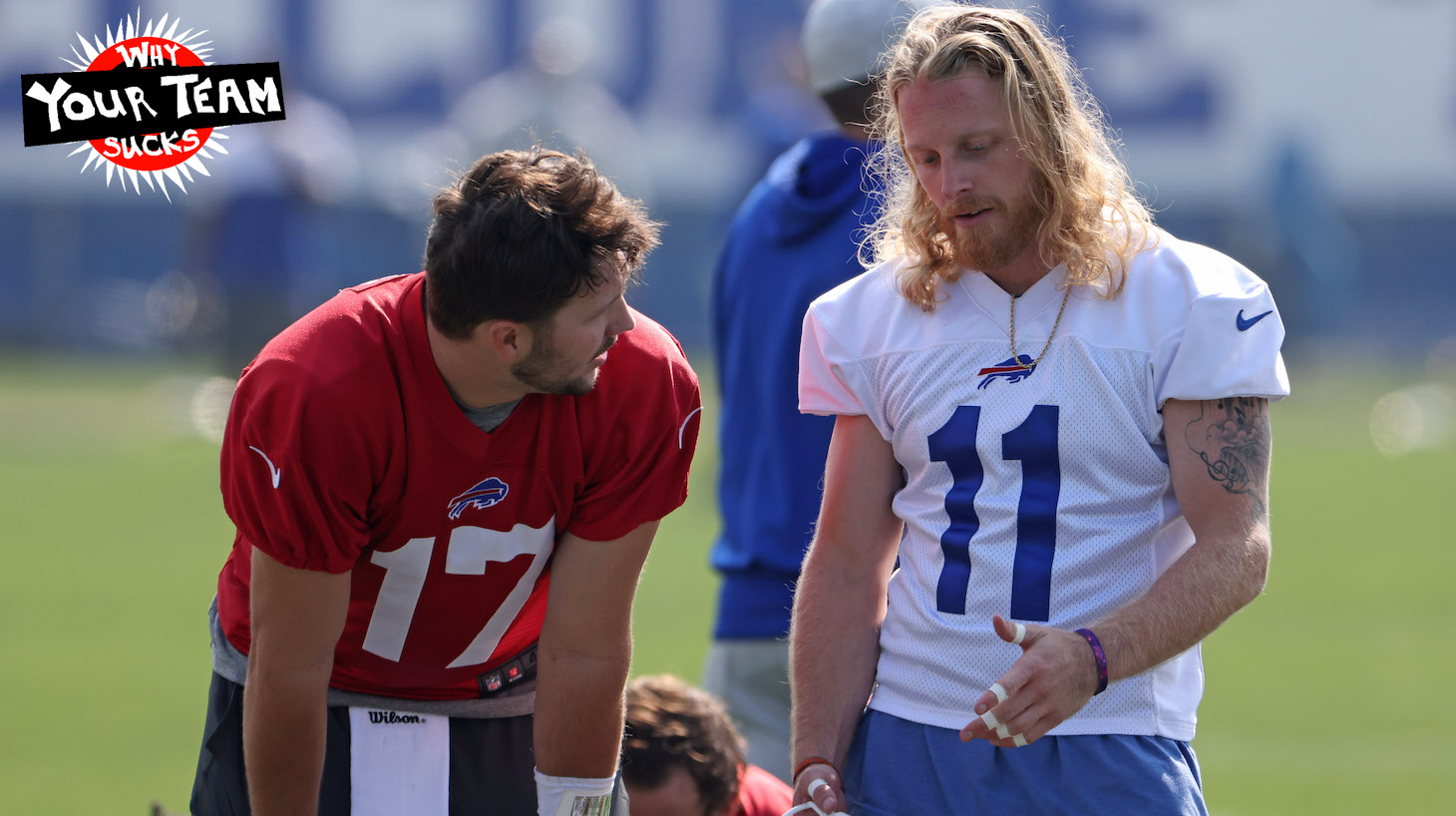 ORCHARD PARK, NY - JULY 28: Josh Allen #17 of the Buffalo Bills and Cole Beasley #11 of the Buffalo Bills talk during training camp at the Adpro Sports Training Center on July 28, 2021 in Orchard Park, New York. (Photo by Timothy T Ludwig/Getty Images)