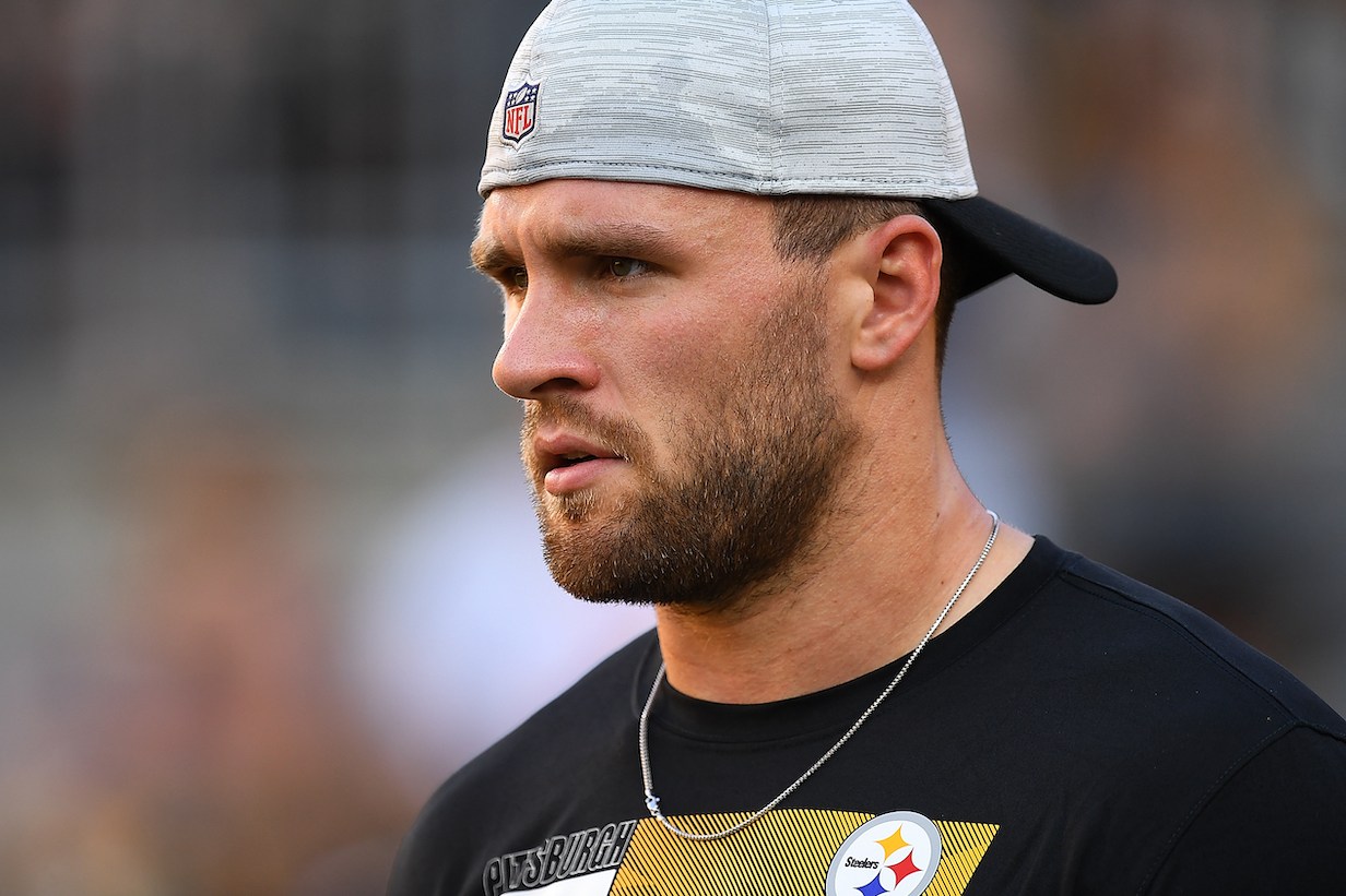 PITTSBURGH, PA - AUGUST 21: T.J. Watt #90 of the Pittsburgh Steelers looks on prior to the game against the Detroit Lions at Heinz Field on August 21, 2021 in Pittsburgh, Pennsylvania. (Photo by Joe Sargent/Getty Images)