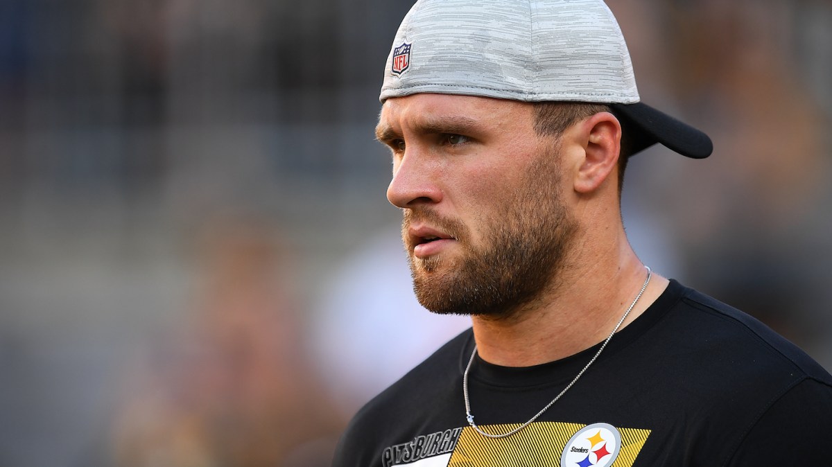 PITTSBURGH, PA - AUGUST 21: T.J. Watt #90 of the Pittsburgh Steelers looks on prior to the game against the Detroit Lions at Heinz Field on August 21, 2021 in Pittsburgh, Pennsylvania. (Photo by Joe Sargent/Getty Images)