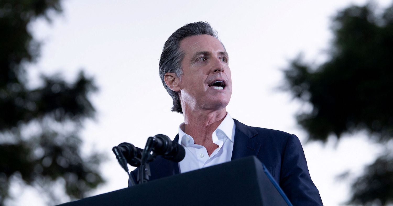 California Governor Gavin Newsom speaks during a campaign event with US President Joe Biden at Long Beach City Collage in Long Beach, California on September 13, 2021. - US President Joe Biden kicked off a visit to scorched western states Monday to hammer home his case on climate change and big public investments, as well as to campaign in California's recall election. (Photo by Brendan Smialowski / AFP) (Photo by BRENDAN SMIALOWSKI/AFP via Getty Images)