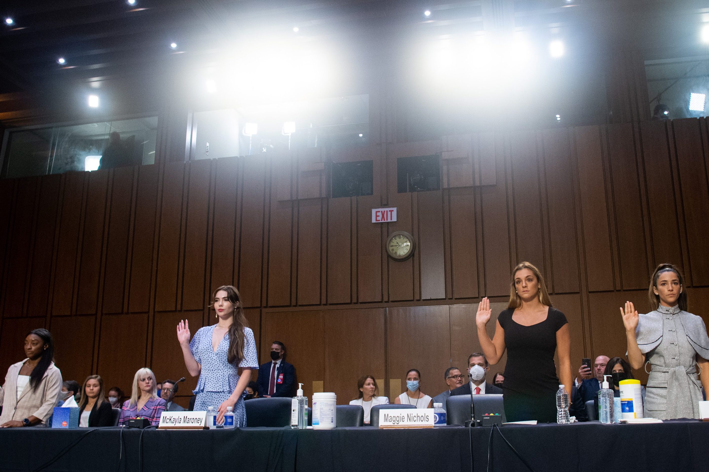 U.S. gymnasts Simone Biles, McKayla Maroney, Maggie Nichols and Aly Raisman are sworn in to testify during a Senate Judiciary hearing about the Inspector General's report on the FBI handling of the Larry Nassar investigation of sexual abuse of U.S. gymnasts, on Capitol Hill, September 15, 2021 in Washington, DC.