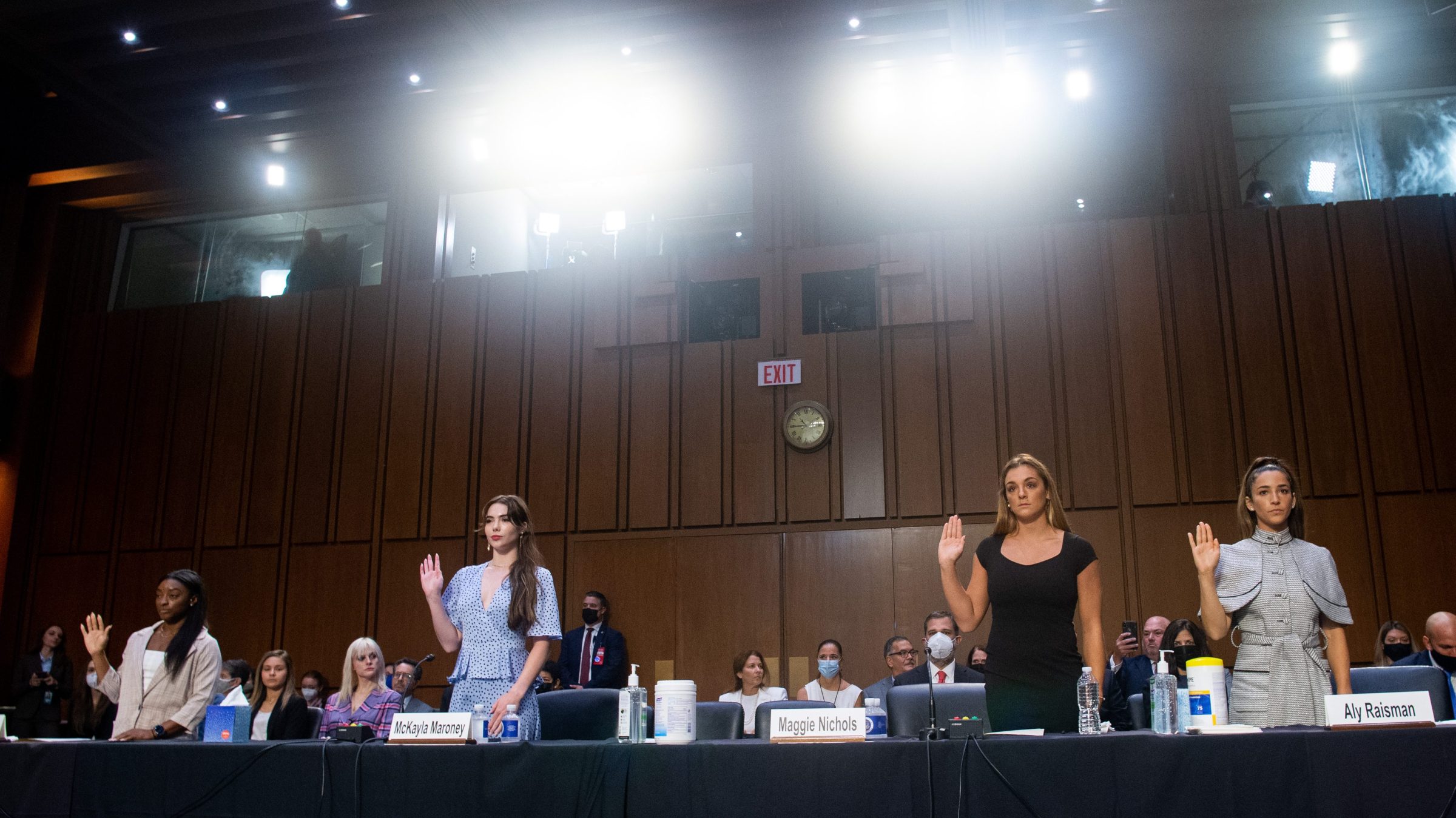 U.S. gymnasts Simone Biles, McKayla Maroney, Maggie Nichols and Aly Raisman are sworn in to testify during a Senate Judiciary hearing about the Inspector General's report on the FBI handling of the Larry Nassar investigation of sexual abuse of U.S. gymnasts, on Capitol Hill, September 15, 2021 in Washington, DC.