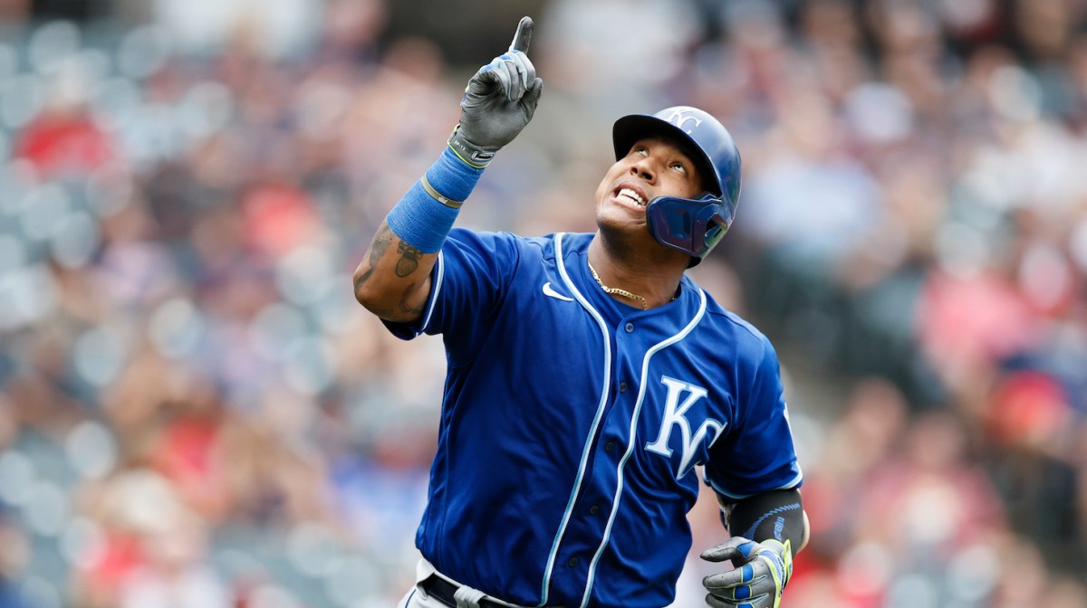 CLEVELAND, OH - SEPTEMBER 20: Salvador Perez #13 of the Kansas City Royals celebrates after hitting a two run home run off Triston McKenzie #24 of the Cleveland Indians in the fifth inning during game one of a doubleheader at Progressive Field on September 20, 2021 in Cleveland, Ohio. Perez hit his 46th home run off the season setting a record for home runs by a catcher.(Photo by Ron Schwane/Getty Images) *** Local Caption *** Salvador Perez