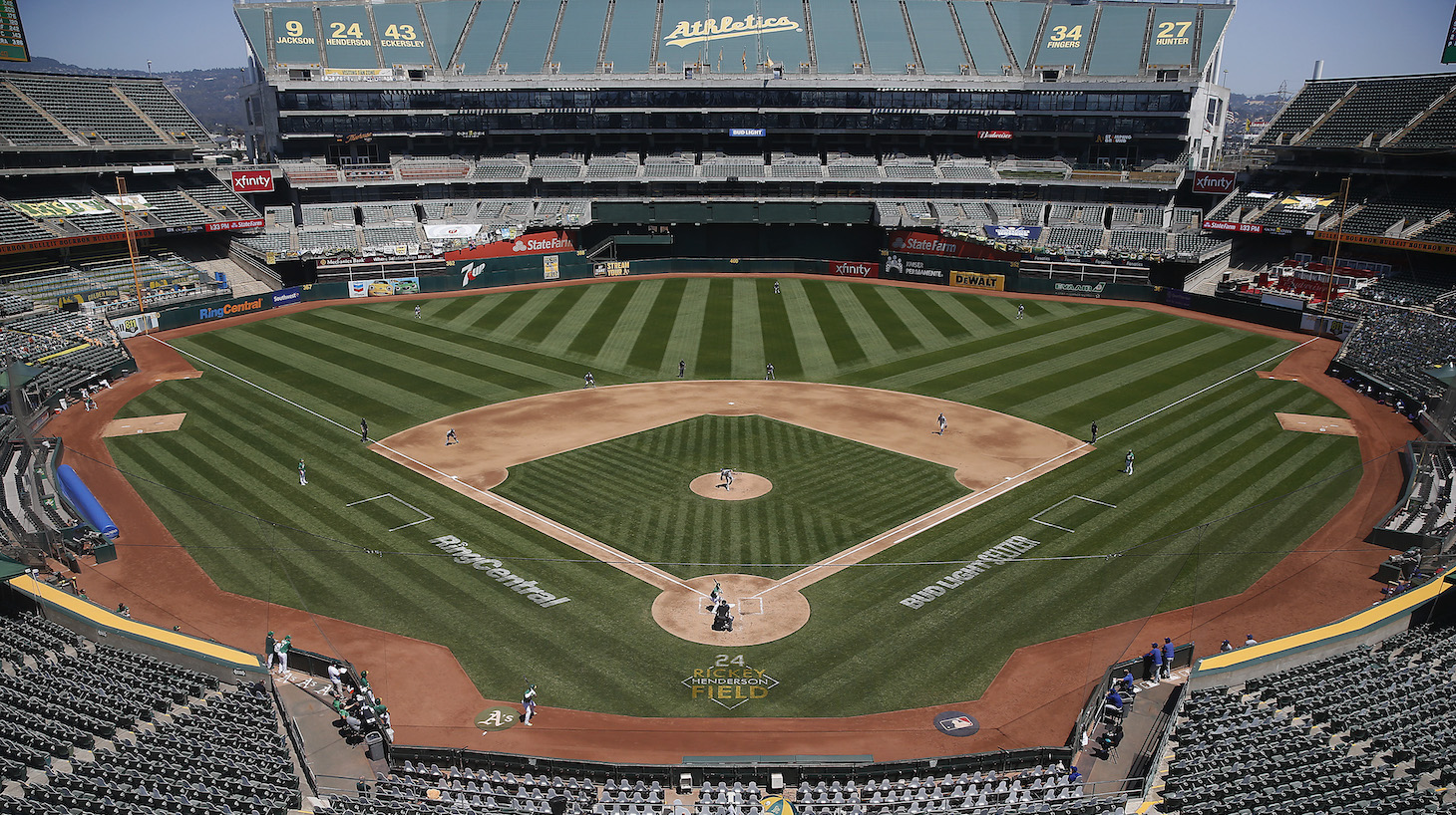 OAKLAND, CALIFORNIA - AUGUST 06: A general view of play between the Oakland Athletics and the Texas Rangers at Oakland-Alameda County Coliseum on August 06, 2020 in Oakland, California. (Photo by Lachlan Cunningham/Getty Images)