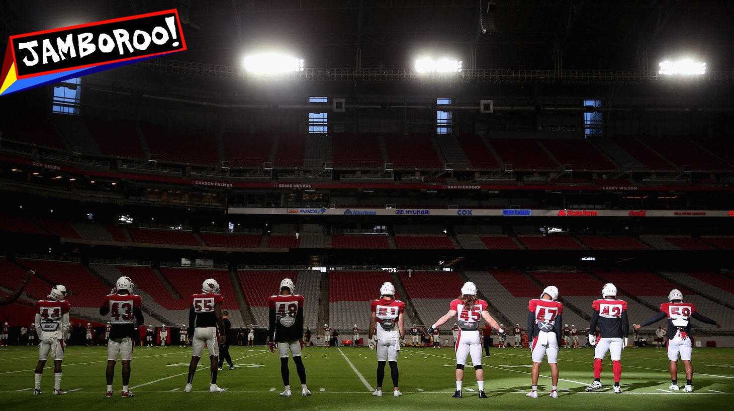 GLENDALE, ARIZONA - AUGUST 17: The Arizona Cardinals warm-up during a NFL team training camp at University of State Farm Stadium on August 17, 2020 in Glendale, Arizona. (Photo by Christian Petersen/Getty Images)